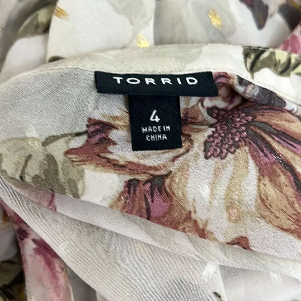 Torrid Sz 4 Tunic Top V Neck 3/4 Roll Up Sleeve High Low Floral Sheer Cover Up - Picture 6 of 10